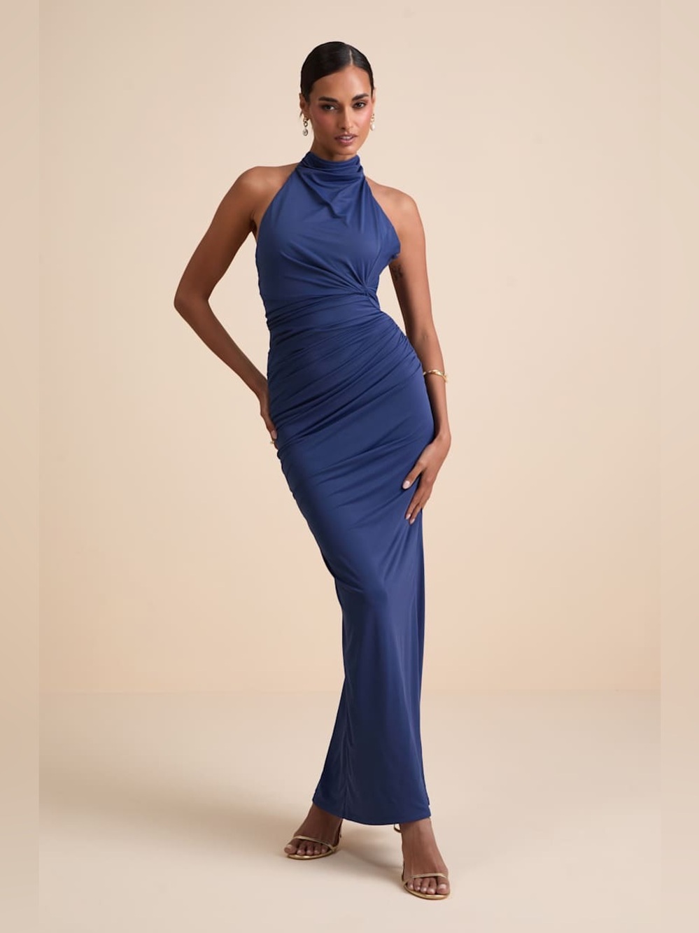 NWT Lulus Seraiah Navy Knotted Ruched Halter Maxi Dress Size Small